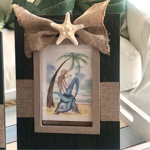 NEW! Charcoal Blue Gray Rustic Wood Frame Starfish Burlap Accents - Picture 3 of 8
